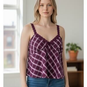 Baby Doll Top Cropped Burgundy Plaid Y2K Lace Bow Milk Maid XXL No Boundaries